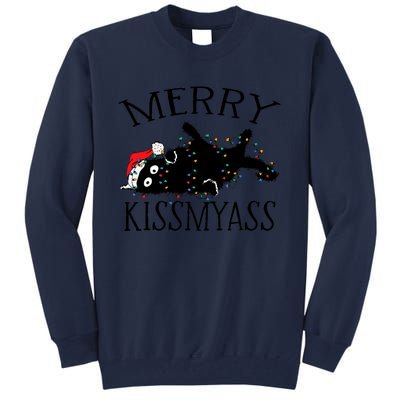 Merry Kissmyass Funny Christmas Cat Tangled In Lights Tall Sweatshirt