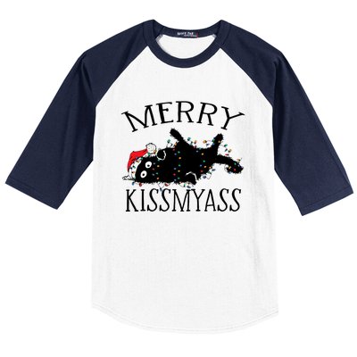 Merry Kissmyass Funny Christmas Cat Tangled In Lights Baseball Sleeve Shirt