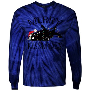 Merry Kissmyass Funny Christmas Cat Tangled In Lights Tie-Dye Long Sleeve Shirt