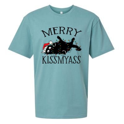 Merry Kissmyass Funny Christmas Cat Tangled In Lights Sueded Cloud Jersey T-Shirt