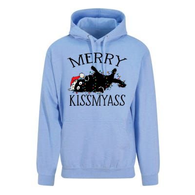 Merry Kissmyass Funny Christmas Cat Tangled In Lights Unisex Surf Hoodie