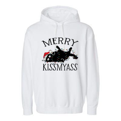 Merry Kissmyass Funny Christmas Cat Tangled In Lights Garment-Dyed Fleece Hoodie