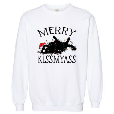 Merry Kissmyass Funny Christmas Cat Tangled In Lights Garment-Dyed Sweatshirt