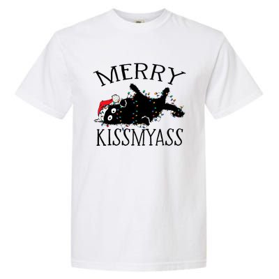 Merry Kissmyass Funny Christmas Cat Tangled In Lights Garment-Dyed Heavyweight T-Shirt