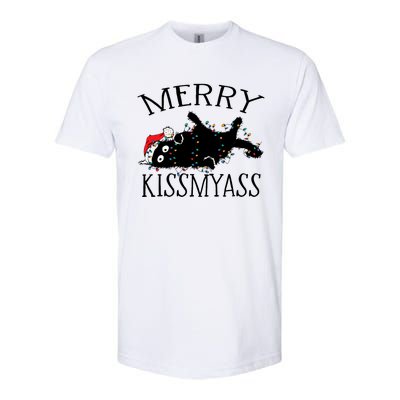 Merry Kissmyass Funny Christmas Cat Tangled In Lights Softstyle CVC T-Shirt