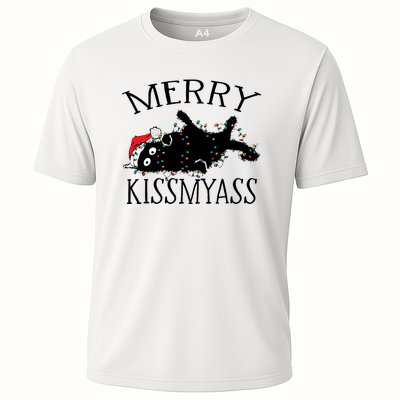 Merry Kissmyass Funny Christmas Cat Tangled In Lights Cooling Performance Crew T-Shirt