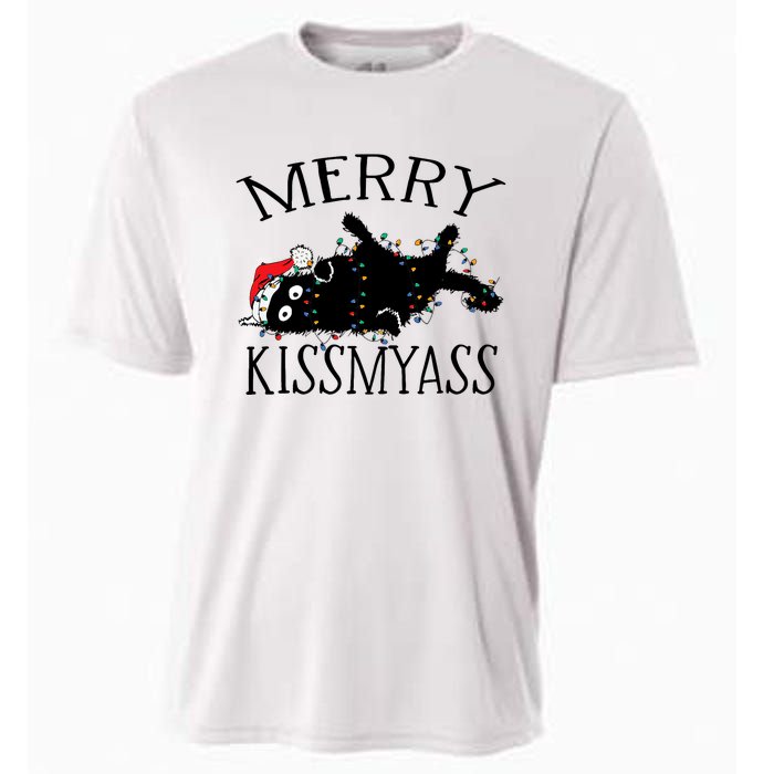 Merry Kissmyass Funny Christmas Cat Tangled In Lights Cooling Performance Crew T-Shirt