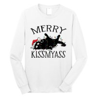 Merry Kissmyass Funny Christmas Cat Tangled In Lights Long Sleeve Shirt