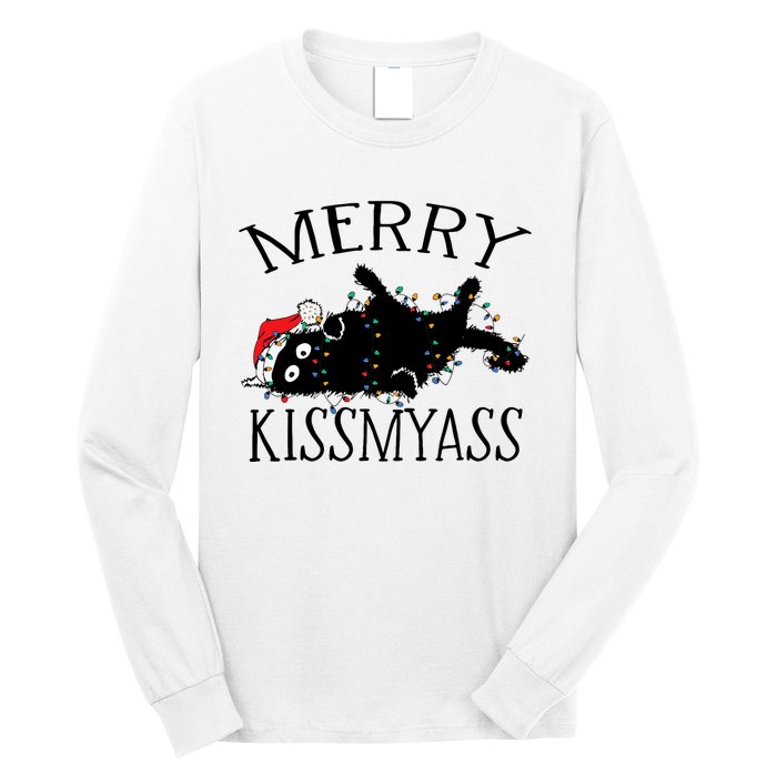 Merry Kissmyass Funny Christmas Cat Tangled In Lights Long Sleeve Shirt