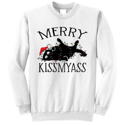 Merry Kissmyass Funny Christmas Cat Tangled In Lights Sweatshirt