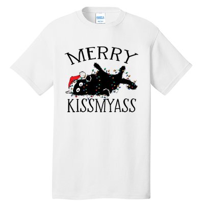 Merry Kissmyass Funny Christmas Cat Tangled In Lights Tall T-Shirt