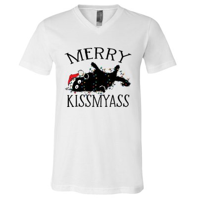 Merry Kissmyass Funny Christmas Cat Tangled In Lights V-Neck T-Shirt