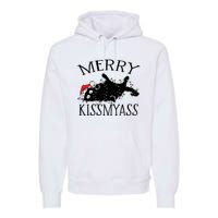 Merry Kissmyass Funny Christmas Cat Tangled In Lights Premium Hoodie