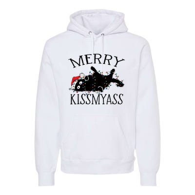 Merry Kissmyass Funny Christmas Cat Tangled In Lights Premium Hoodie