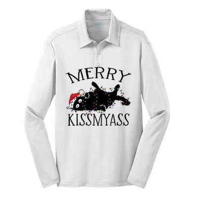 Merry Kissmyass Funny Christmas Cat Tangled In Lights Silk Touch Performance Long Sleeve Polo