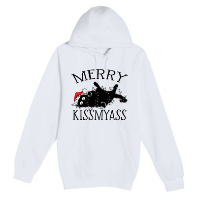 Merry Kissmyass Funny Christmas Cat Tangled In Lights Premium Pullover Hoodie