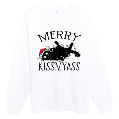 Merry Kissmyass Funny Christmas Cat Tangled In Lights Premium Crewneck Sweatshirt