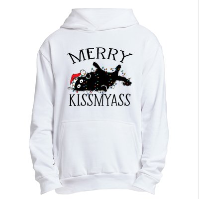 Merry Kissmyass Funny Christmas Cat Tangled In Lights Urban Pullover Hoodie