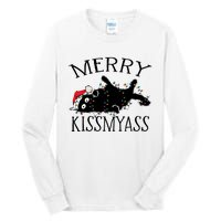 Merry Kissmyass Funny Christmas Cat Tangled In Lights Tall Long Sleeve T-Shirt