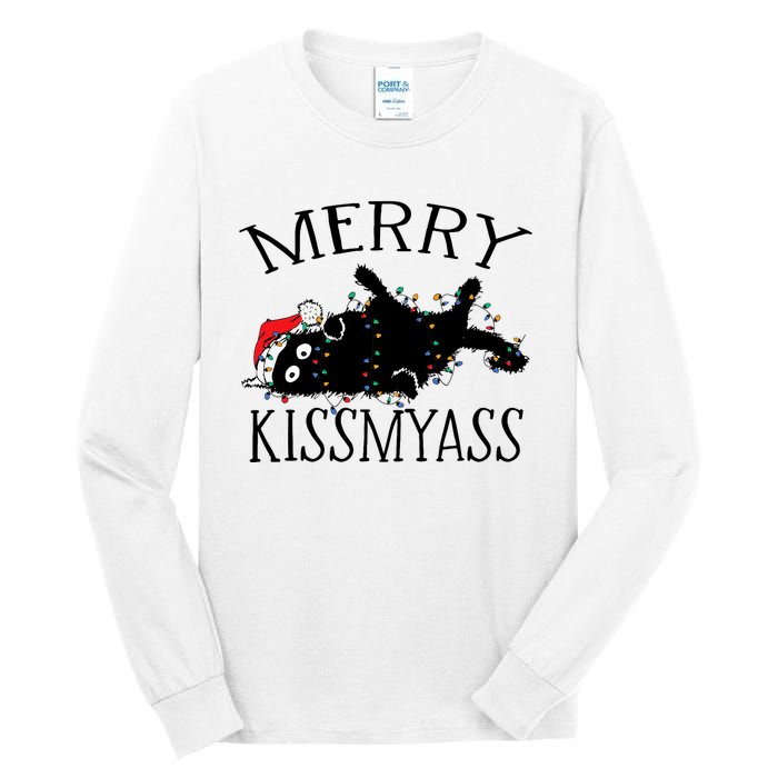 Merry Kissmyass Funny Christmas Cat Tangled In Lights Tall Long Sleeve T-Shirt