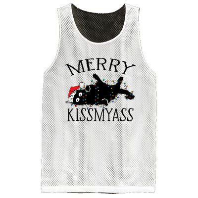 Merry Kissmyass Funny Christmas Cat Tangled In Lights Mesh Reversible Basketball Jersey Tank