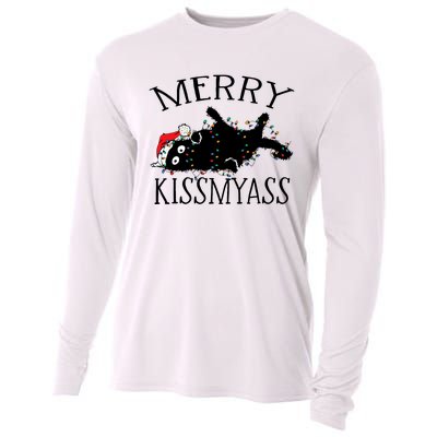 Merry Kissmyass Funny Christmas Cat Tangled In Lights Cooling Performance Long Sleeve Crew