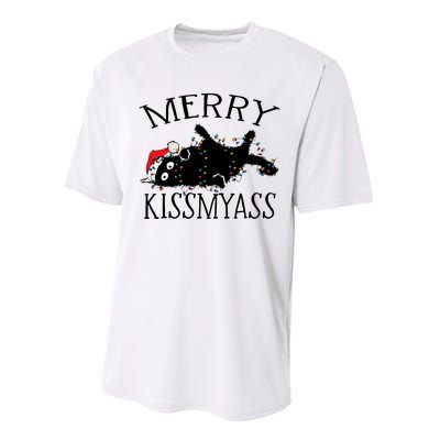 Merry Kissmyass Funny Christmas Cat Tangled In Lights Performance Sprint T-Shirt