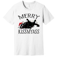 Merry Kissmyass Funny Christmas Cat Tangled In Lights Premium T-Shirt