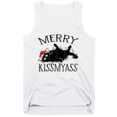 Merry Kissmyass Funny Christmas Cat Tangled In Lights Tank Top