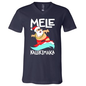 Mele Kalikimaka Hawaiian Christmas Hawaii Surfing Santa V-Neck T-Shirt