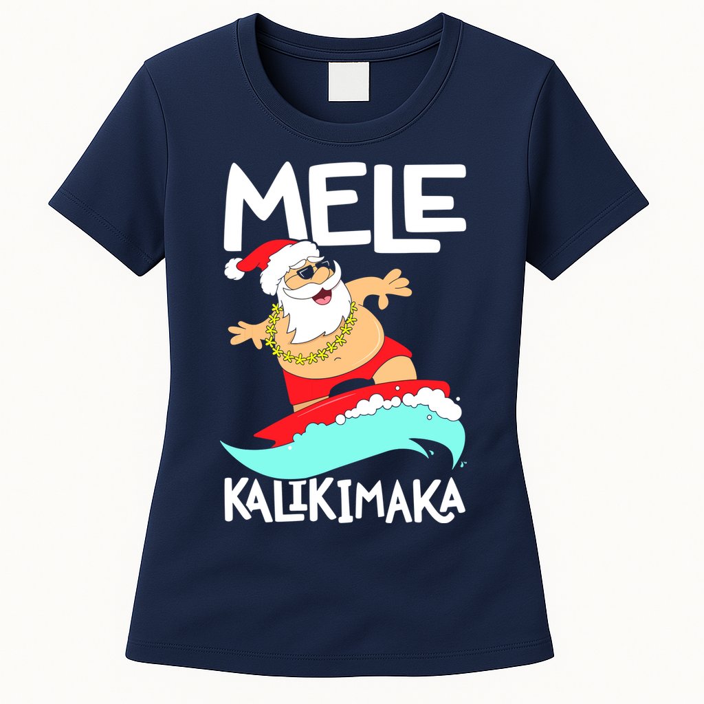 Mele Kalikimaka Hawaiian Christmas Hawaii Surfing Santa Womens T-Shirt