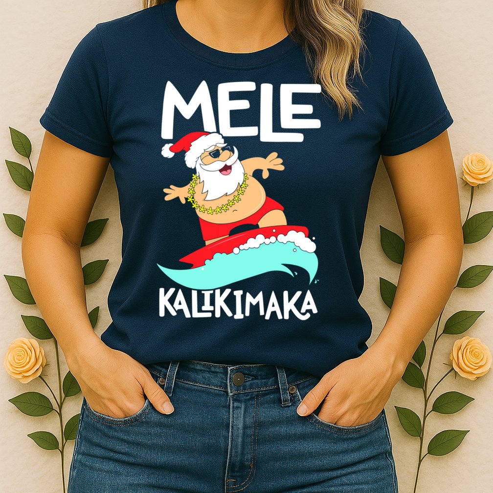 Mele Kalikimaka Hawaiian Christmas Hawaii Surfing Santa Womens T-Shirt