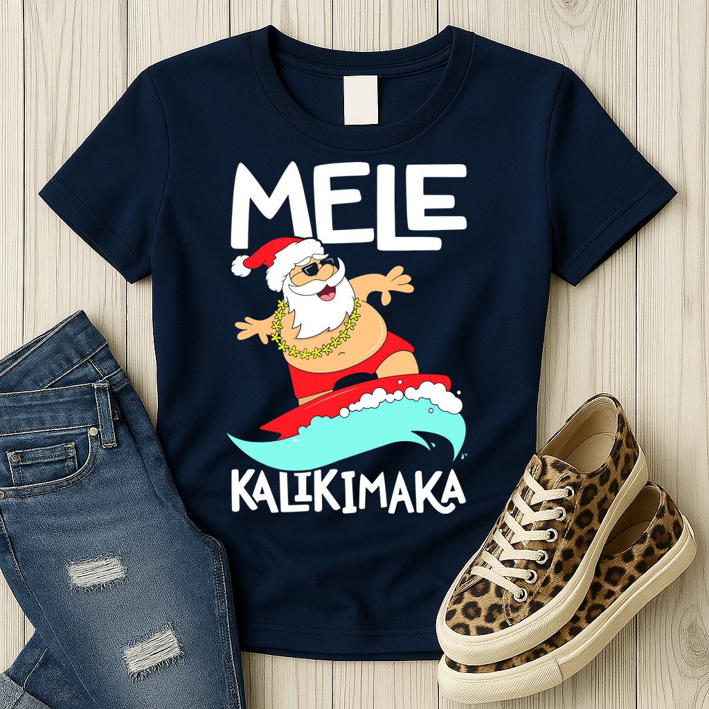Mele Kalikimaka Hawaiian Christmas Hawaii Surfing Santa Womens T-Shirt