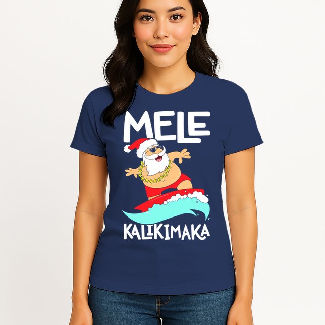 Mele Kalikimaka Hawaiian Christmas Hawaii Surfing Santa Womens T-Shirt