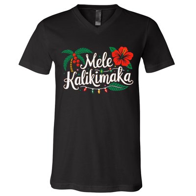 Mele Kalikimaka Hibiscus Palm Waikiki Big Island Christmas V-Neck T-Shirt