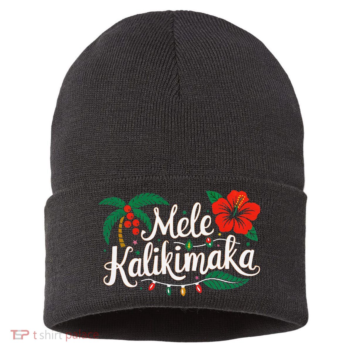 Mele Kalikimaka Hibiscus Palm Waikiki Big Island Christmas Sustainable Knit Beanie