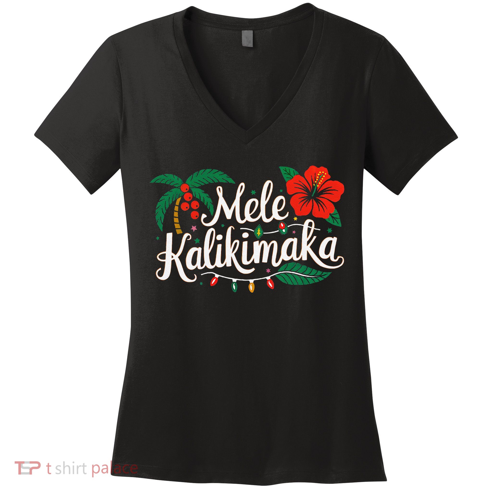 Mele Kalikimaka Hibiscus Palm Waikiki Big Island Christmas Women's V-Neck T-Shirt