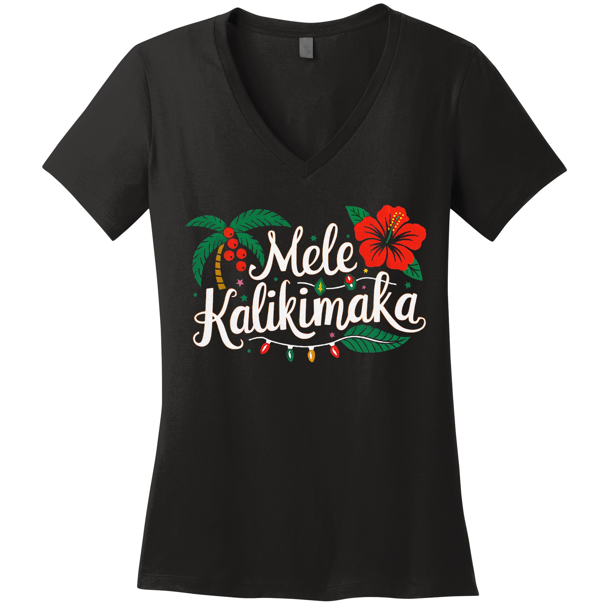 Mele Kalikimaka Hibiscus Palm Waikiki Big Island Christmas Women's V-Neck T-Shirt
