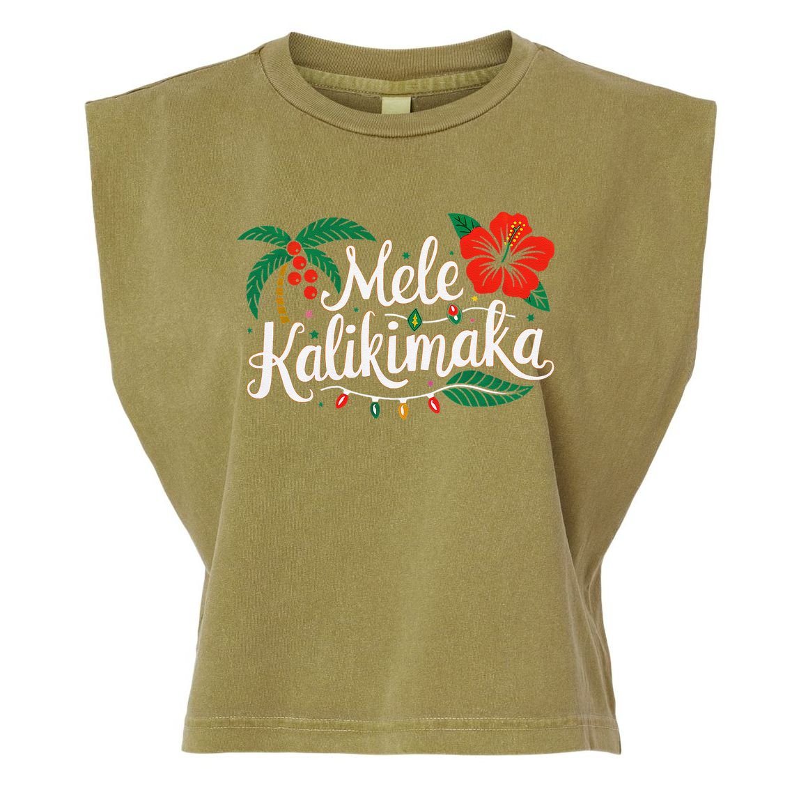 Mele Kalikimaka Hibiscus Palm Waikiki Big Island Christmas Garment-Dyed Women's Muscle Tee