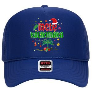 Mele Kalikimaka Hawaiian Christmas Palm Tree Lights Xmas Gift High Crown Mesh Back Trucker Hat