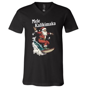 Mele Kalikimaka Hawaiian Christmas Surfing Santa Funny Gift V-Neck T-Shirt