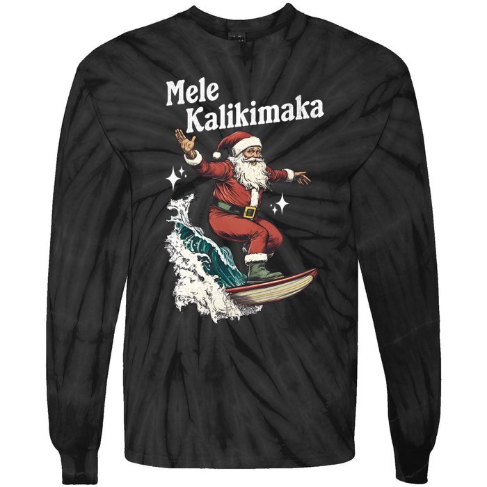 Mele Kalikimaka Hawaiian Christmas Surfing Santa Funny Gift Tie-Dye Long Sleeve Shirt