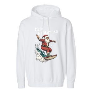 Mele Kalikimaka Hawaiian Christmas Surfing Santa Funny Gift Garment-Dyed Fleece Hoodie