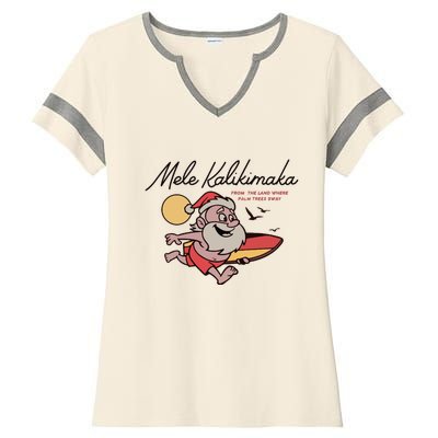 Mele Kalikimaka Hawaii Christmas Surfing Santa Ladies Halftime Notch Neck Tee