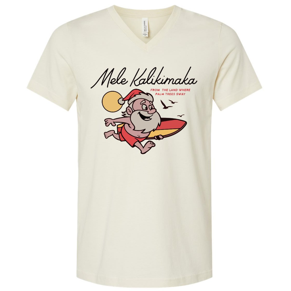 Mele Kalikimaka Hawaii Christmas Surfing Santa V-Neck T-Shirt