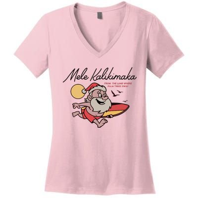 Mele Kalikimaka Hawaii Christmas Surfing Santa Women's V-Neck T-Shirt