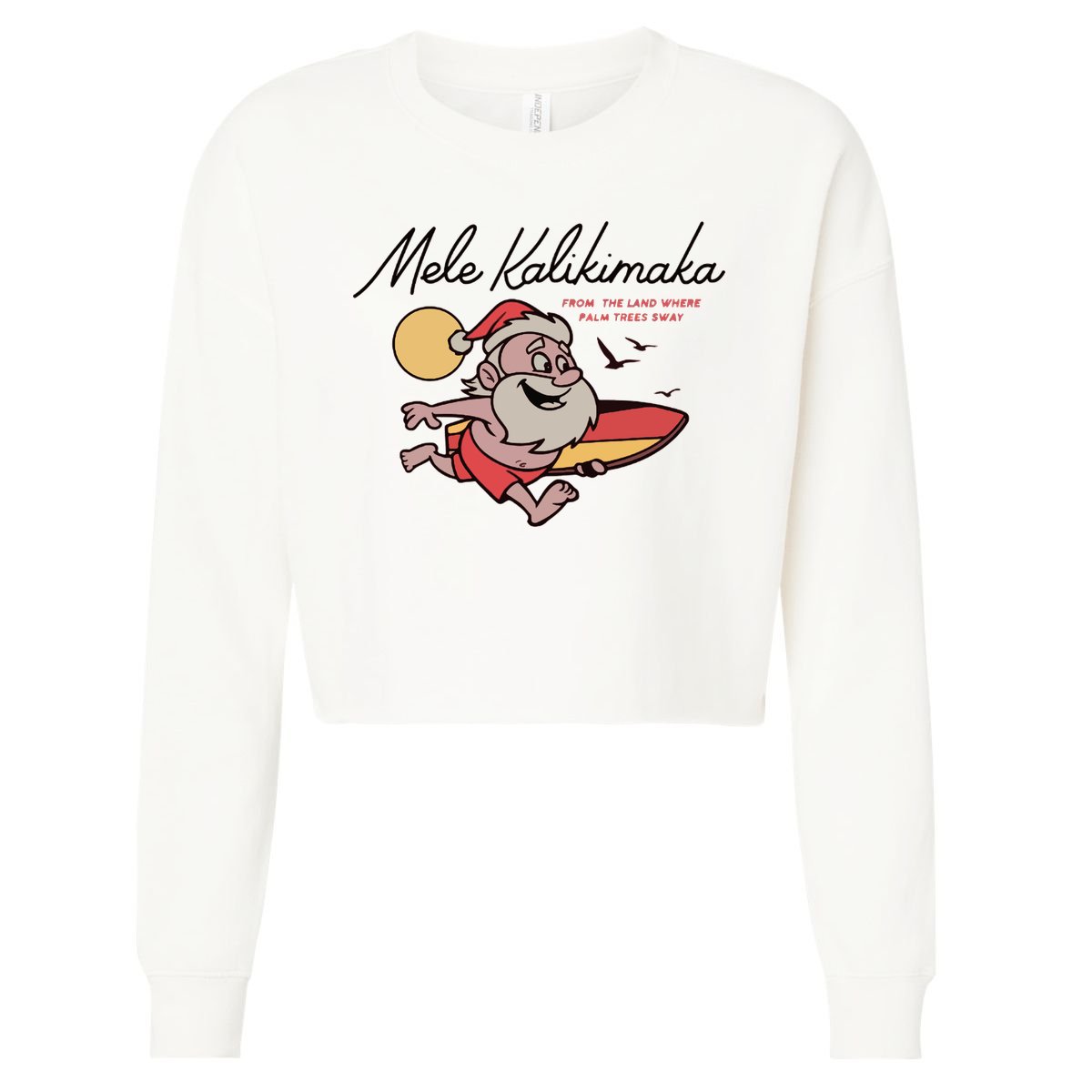 Mele Kalikimaka Hawaii Christmas Surfing Santa Cropped Pullover Crew
