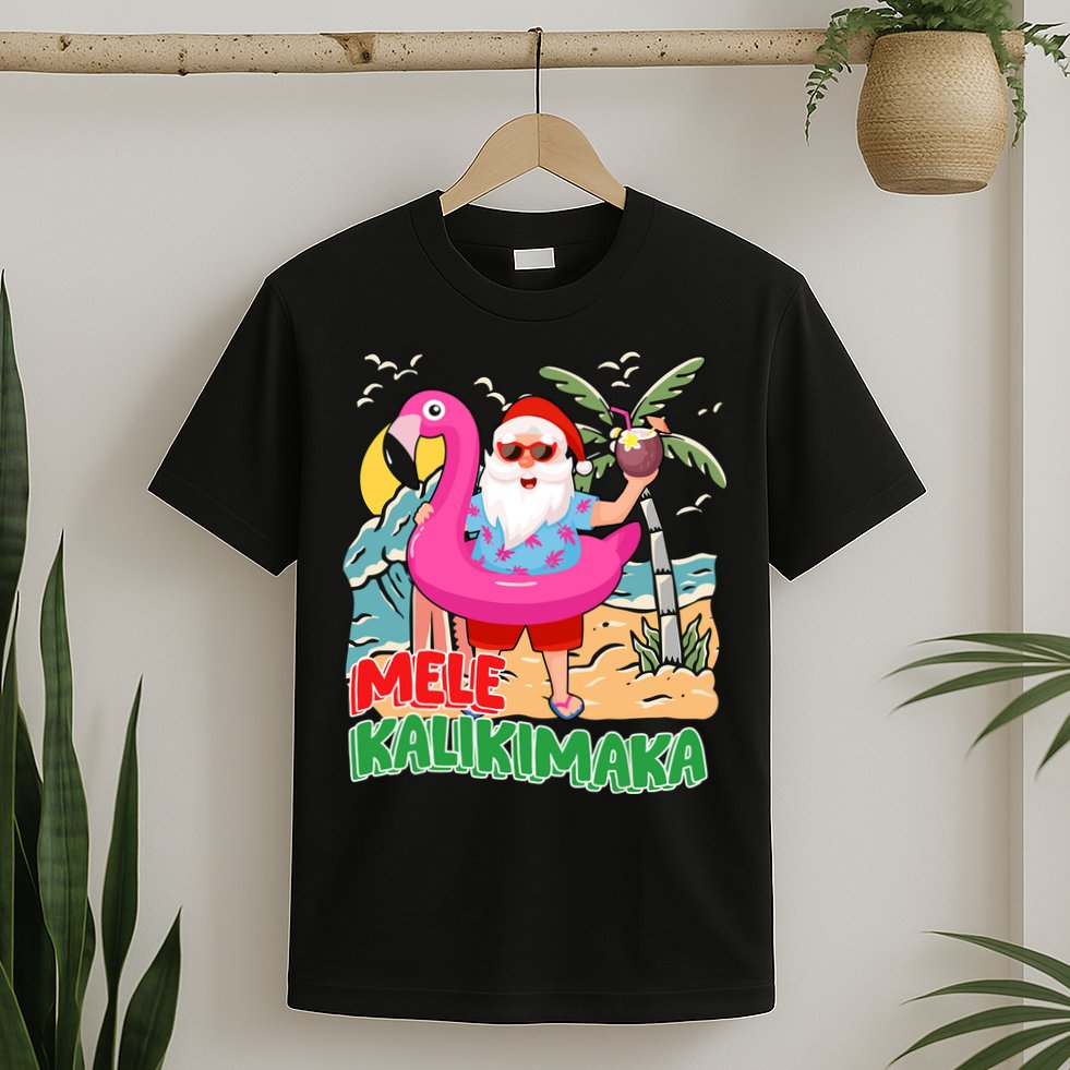 Mele Kalikimaka Hawaiian Christmas In Hawaii Beach Santa T-Shirt