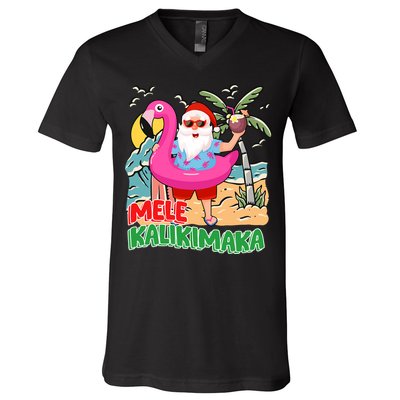 Mele Kalikimaka Hawaiian Christmas In Hawaii Beach Santa V-Neck T-Shirt