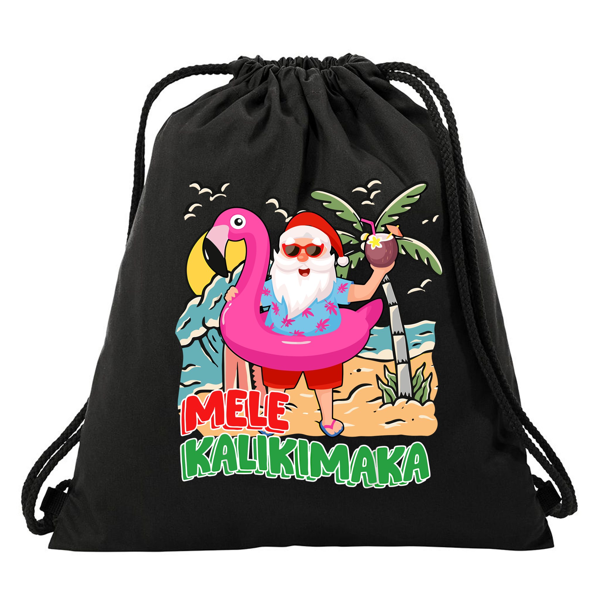 Mele Kalikimaka Hawaiian Christmas In Hawaii Beach Santa Drawstring Bag